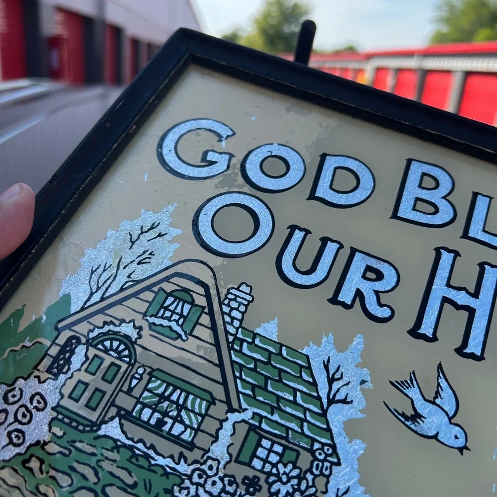 Vintage God Bless Our Home Reverse Painted Glass Foil Sign Sacred Heart Jesus